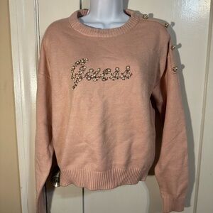 Guess Pink Crewneck Sweater with Pearl Shoulder Buttons